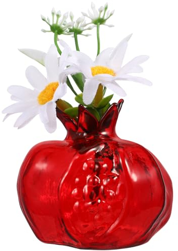 1pc Pomegranate Shaped Glazed Vase Creative Stained Glass Vase Pomegranate Shaped Flower Container for Table Home Decor (Red)