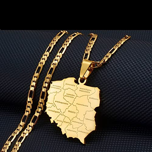 Polska-Kartenschmuck Für Herren Für Damen – Polska-Karten-Halskette,Städtenamen-Anhänger-Halsketten,Karten Von Polen,Figaro-Ketten,Schmuck Für Herren Und Damen,Statement-Schmuck,Goldfarben,45 Cm