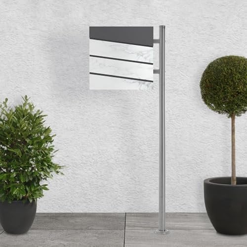 ECD Germany Standbriefkasten mit Zeitungsfach, Design Briefkasten mit Pfosten, Briefkastenanlage, Briefkastenständer Silber Edelstahl, Postkasten Anthrazit Weiß-Marmoroptik Stahl pulverbechichtet