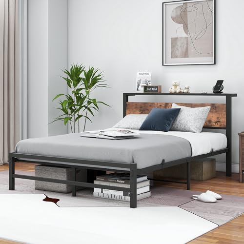 VERFARM Metallbett Bettrahmen mit Holz Lagerung Kopfteil, Bettgestelle mit Lattenrost für Schlafzimmer Gästezimmer, Einfache Montage, Rauschfrei, 120 x 200 cm