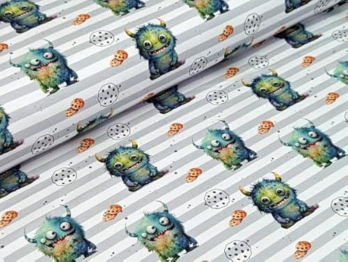 Eigenproduktion Baumwolljersey Kleines Keks Monster auf Streifen Grün/Weiß Kinderstoff Kleiderstoff