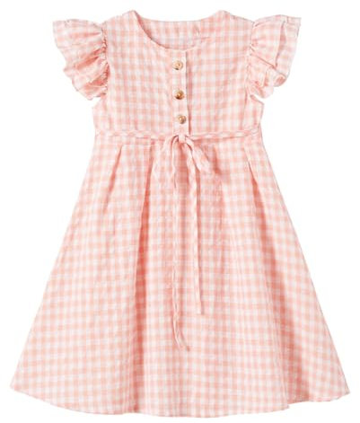 Ugitopi Kleines Mädchen Flatterärmel Baumwoll-Leinen Kleid Kleinkind Kinder Doppelte Rüschen Freizeitkleider (Plaid Pink 100)