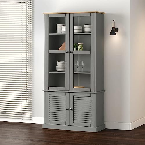 Festnight Vitrine VIGO Holzvitrine Glasvitrine Vitrinenschrank Grau Vitrinenschrank Wohnzimmer Bücherschrank Mehrzweckschrank, Glasvitrine, Standvitrine 85x35x170 cm Massivholz Kiefer