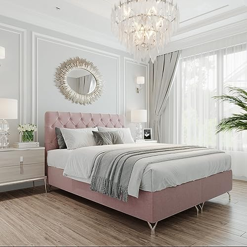 Boxspringbett GracePLUS 140x200 Rosa Doppelbett Bett mit Bonellmatratze Topper und Bettkasten Glamour Polsterbett mit silbernen 12 cm Beinen Modern Schlafzimmer Vintage Schlafzimmerbett