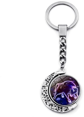 ALTCIRNMD Taureau 12 Signe du Zodiaque Porte-Clés Lumineux Porte-Clés - Double Face Rotation Lune Pendentif Bleu Ciel Étoilé Taureau Gémeaux Cancer Signe De Naissance Porte-Clés,Mode Croissant Penden
