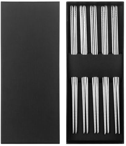 Brevanza 5 Pares Palillos Chinos Acero Inoxidable, Chopsticks Japoneses Reutilizables Sushi, Palillos Coreanos Metal Aptos para Lavavajillas, Chopsticks Set de Regalo Para la Cocina los de Restaurante