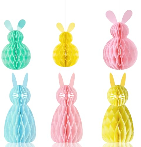 6 x Hasen-Oster-Hängedekorationen, Frühlingswaben, Papierkugeln, Osterhasen-Dekorationen, Osterbaum-Dekorationen, hängende Papierornamente für Zuhause, Party