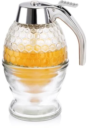 SUMNACON Glass 8 Oz Honey Dispenser Honey Container with Stand, Clear No Drip Maple Syrup Holder Honey Syrup Pot Dispenser Honey Jar Bottle with Dipper for Kitchen Cooking Picnic