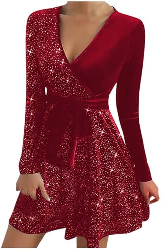 Women's Sequin Velvet V-Neck Elegant Party Dress - Sexy Ruched Long Sleeve Sparkly Glitter Evening Clubbing Prom Wedding Guest Dress - Red