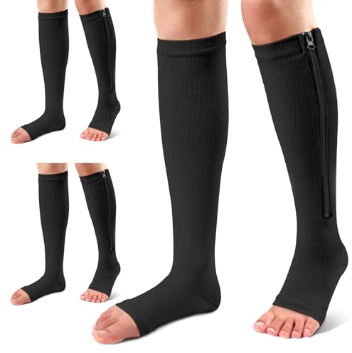 Ailaka 3 Paar Kompressionssocken mit Reißverschluss, 15-20 mmHg Kniestrümpfe für Damen und Herren, Offene Zehen-Design, Atmungsaktiv und Stützend