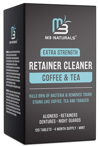 Pastillas limpiadoras retenedoras de café y té, elimina olores, manchas y placa, suministro de 4 meses, limpiador de dentaduras postizas para entusiastas de la cafeína, 120 tabletas M3 Naturals