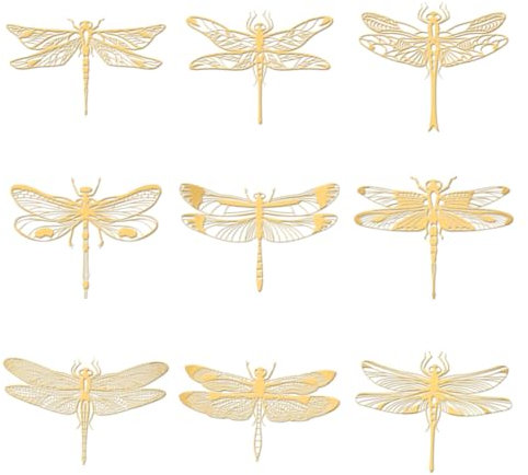 OLYCRAFT 9Stück 4x4cm Libellen-Metallaufkleber Mit Verschiedenen Mustern Selbstklebende Goldene Aufkleber Metall-Goldaufkleber Für Sammelalben DIY Kunstharz Kunsthandwerk Telefon Wasserflasche Dekor