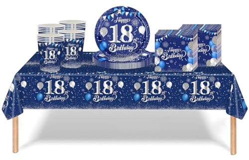 53Pcs Navy Blue and Sliver 18th Birthday Party Tableware Decorations,18th Birthday Table Cloth Plates and Napkins Cups Sets for Him Her Boys Girls Birthday Table Decorations for 18th Gifts Dinnerware
