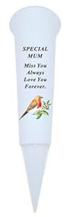 In Loving Memory Verse Graveside Memorial Grave Spiked Flower Vase (Mum, White with Robin Design)