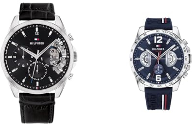Tommy Hilfiger Multi Zifferblatt Quarz Uhr für Herren mit Schwarzes Lederarmband - 1710449 & Multi Zifferblatt Quarz Uhr für Herren mit Marinblaues Silikonarmband - 1791476