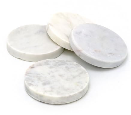 Carousel Home Set Of 4 Round White Marble Coasters | 4 Piece Drinks Coasters Cup Mug Table Mats | Natural Stone Marble Coaster Set - 10cm