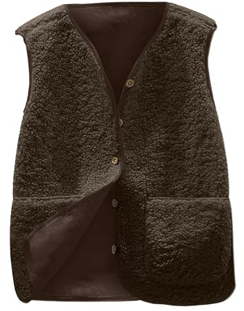 Yutdeng Teddy Fleece Gilet for Women UK Fluffy Waistcoat Button Down Vest Tops Lightweight Cozy Gilets Ladies Body Warmer Sleeveless Jacket with Pockets for Running Winter Fall Outerwear,Coffee,L
