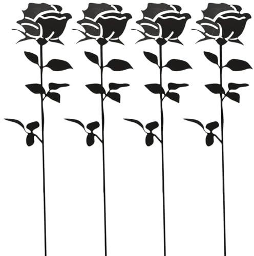 Gartenstab 4er Set Rose Dekostecker für innen & außen 43 cm - Wetterfeste aus Eisen Gartendeko für Balkon und Garten, Schwarz - Ideal als Gartenstecker, Pflanzenstecker und Beet Blumentöpfe Deko