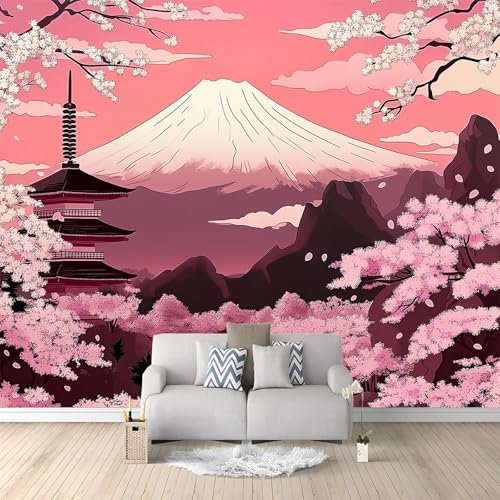 Wallpaper Mural Japanese Mount Fuji, Pink Wallpaper Mural Photo 157.48 x 110.24(W x H), Modern Design murals Suitable for Children's Bedroom Living Room Wall Decoration