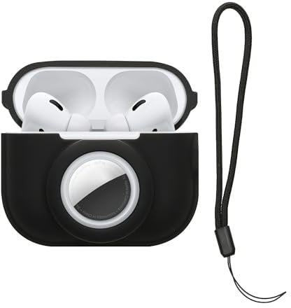 kwmobile 2-in1 Hülle kompatibel mit Apple Airpods Pro 2 und AirTag - Kopfhörer Case - Weiches Silikon Cover - Schutzhülle mit Karabiner - Schwarz