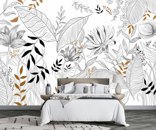 MIWEI Wallpaper Papier Peint Panoramique Feuilles Florales Noir Et Blanc Papier Peint 3D Intissé Tapisserie Poster Chambre Salon Decoration Murale