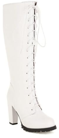 GYYZAYH Piattaforma Blocco Tacco Wide Calf Stivali Lunghi Lace Up Tacco Biker Combat Lungo Inverno Scarpe Il Ginocchio Autunno Stivali,Bianca,35 EU