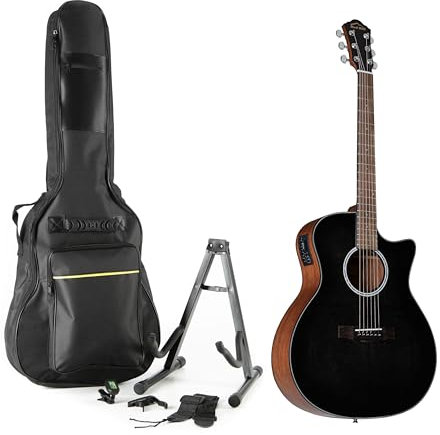 Westerngitarre Red Hill AF-Blacktop Set, Grand Auditorium, Cutaway, Fichte & Mahagoni, EQ-8T Tonabnehmer, 6 Saiten, inkl. Gitarren-Accessoires, Schwarz, ideal für Einsteiger & Profis