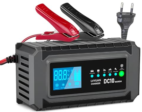 Cargador de Batería Inteligente 10A 12V/24V para Coche y Moto - Cargador Automático LCD, Modo Invierno/Verano, Protecciones Múltiples y Función de Reparación, para Baterías Plomo-ácido AGM, EFB, Gel