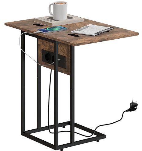 HOMCOM Mesa Auxiliar con Estación de Carga Mesa Auxiliar para Sofá con Puerto USB y USB-C Encimera Plegable y Pies Ajustables para Salón Dormitorio 39x29x57 cm Marrón Rústico
