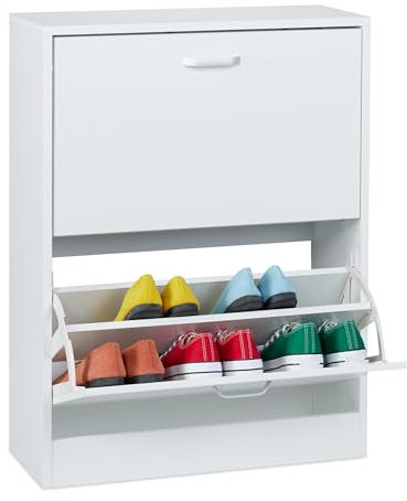 Relaxdays Schuhschrank, HxBxT: 79 x 60 x 24 cm, für 12 Paar, 2 Klappen, schmaler Schuhkipper, Flur Schuhkommode, weiß