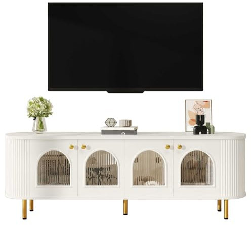 YEHTOKHOME Meuble TV Moderne,Meuble Bas avec Portes en Verre, Meuble avec poignées et Pieds en métal,organizzatore avec Espace de Rangement (Blanc)