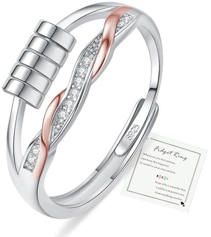 DOA 925 Sterling Silver Fidget Ring, Adjustable Thumb Anxiety Rosegold Ring for Anxiety Women, Spinner Twited Rings to Relieve Stress & Worry in Platinum