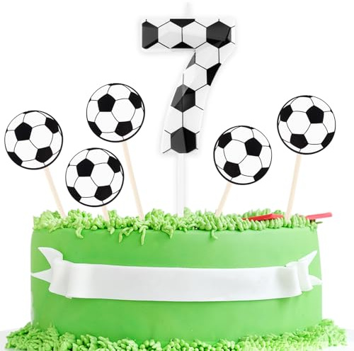 Geburtstagskerzen Fußball 3D entworfen Nummer 7 Kerzen mit 5 Stück Fußball Cardstock Kuchen Topper Dekorationen alles Gute zum Geburtstag Kerze für Mädchen Junge Jahrestag Party Supplies