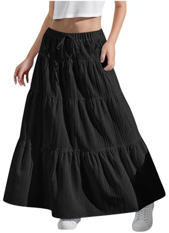 KODMNSW Maxirock Damen Mädchen Langer Rock Faltenrock mit Fliege Maxi Skirt Elastischer Bund Breitersaum Röcke Lang Sommer Leichte Kinder Tellerrock Einfach Schick Strandrock Freizeitrock Schwarz 150