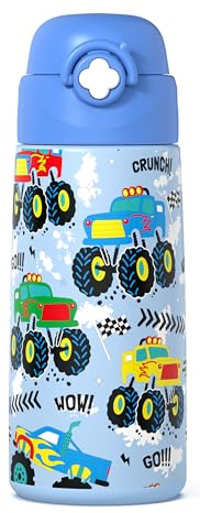 Monster Truck Boys Insulated Water Bottle with Covered Pop-Up Straw,500 Ml Kids Cups with Stainless Steel Leak Proof for School
