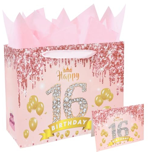 Eaureum Sweet 16 Birthday Gift Bag for Girls, 13 Rose Pink 16th Birthday Gift Bag Party Decorations for 16 years old Girls Daughter Granddaughter Friends