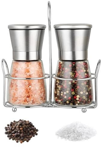 Salt and Pepper Grinder Set with Bracket, Stainless Steel Manual Grinder | Sea Salt Dispenser & Pepper Grinder, Reusable & Adjustable Roughness Food Grinder for Spice Home Kitchen Outdoor Cook
