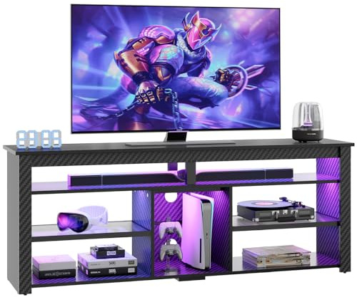 Bestier Mueble de TV televisores de 70 Pulgadas, Centro de Entretenimiento Alto con 2 Luces LED, Consola de Videojuegos con Espacio para PS5, Mueble para Sala de Estar, Fibra de Carbono Negra