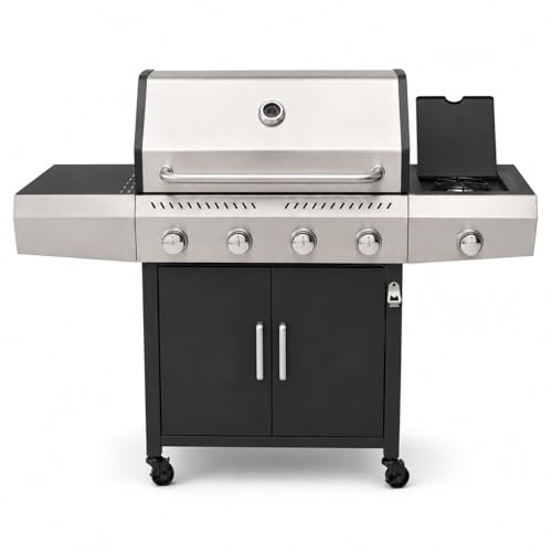 EGLEMTEK Barbecue a Gas Professionale XXL 16 kW, 5 Bruciatori in Acciaio Inox 304, Bruciatore Laterale, Termometro, Coperchio, Doppia Griglia di Cottura 67 x 42 cm, Ruote, 137 x 50 x 120 cm, Nero