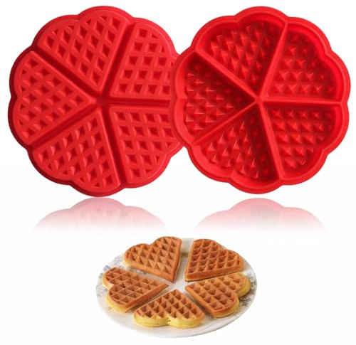 2 Stück Waffelform Silikon, Antihaftbeschichtet Waffel-Form, Herz Muffinform Waffel Backform, 5 Mulden Silikon Muffinformen für Airfrye, Pfannkuchenform, Backwerkzeug für Waffeln, Backen, Muffin (Rot)