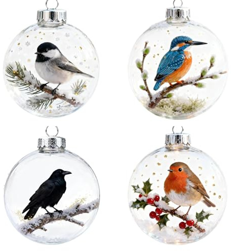 Kristall Weihnachtskugeln mit Vogelmotiv, 4 Stück 10 cm Christbaumschmuck mit Rabe, Rotkehlchen, Eisvogel & Meise, Transparente Glaskugeln mit Naturszene für Weihnachtsbaum