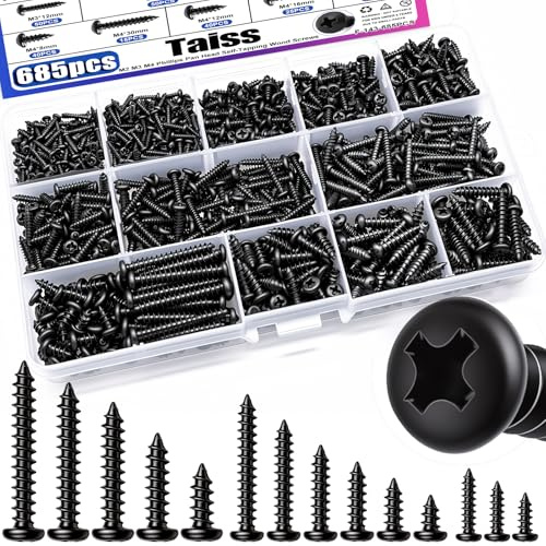 Taiss 685PCS M2 M3 M4 Phillips Pan Head Self Tapping Wood Screws Assortment Kit,14 Sizes Self Tapping Screws for Plastic,Cross Recessed Carbon Steel Black Screws for Wood,Soft Metal,Plastic