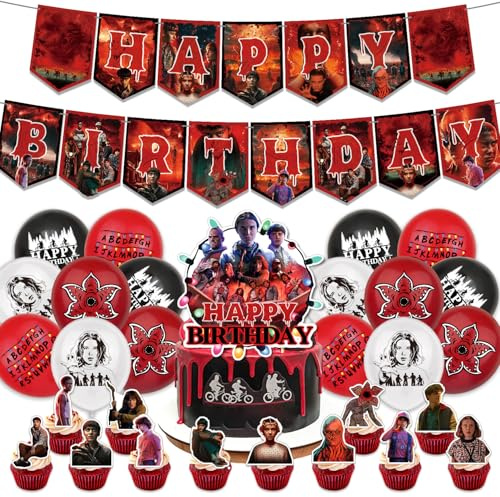 Stranger Th-ings Birthday Party Decorations Supplies Include Happy Birthday Banners, Cupcake Toppers, Balloons