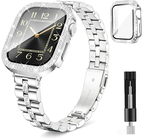 Aniaboho Kompatibel mit Apple Watch Armband 40mm 41mm 42mm 44mm mit Feine Strass-Schutzhülle, Edelstahl Glitzer iWatch Armband mit Hülle Damen, passend für Apple Watch SE 3 2 1 Series11 10 9 8 7 6 5 4