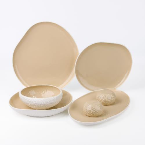 BRICARD Barles Stone Vajilla de Porcelana 27 Piezas para 6 Personas – Juego de Platos Blanco y Gris Topo con Cuencos, Fuente, Salero y Pimentero – Lavavajillas, Microondas y Horno