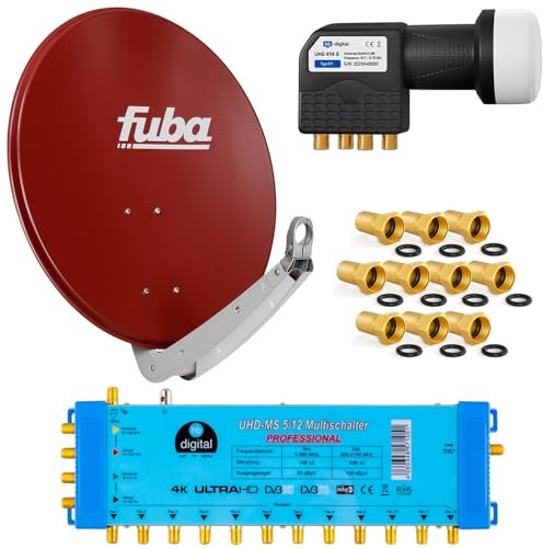 FUBA 12 TEILNEHMER DIGITAL SAT ANLAGE DAA650R + Profi LNB 0,1dB Full HDTV 4K + PMSE Multischalter 5/12 + 35 Vergoldete F-Stecker Gratis dazu