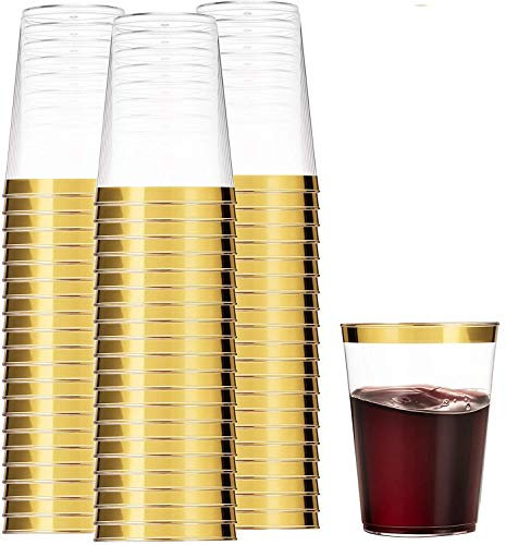 Munfix 100 Gold Plastic Cups 14 Oz Clear Plastic Cups Tumblers Gold Rimmed Cups Fancy Disposable Wedding Cups Elegant Party Cups with Gold Rim