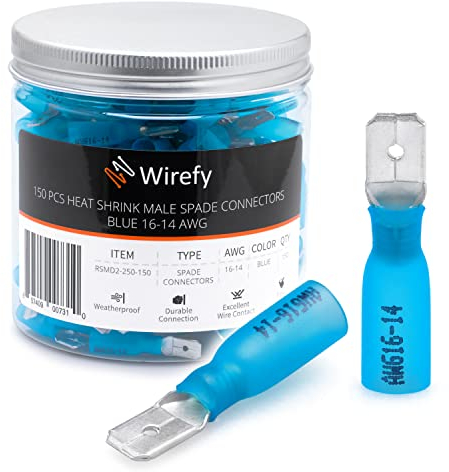 Wirefy Blaue Schrumpfverbinder Flachstecker Isoliert - Kabelschuhe Männliche Flachstecker Sortiment - Quetschverbinder Kfz - 1,5-2,5 mm² - 150 Stück