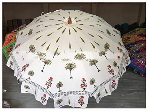 Marusthali Palm Tree Hand Block Print white umbrellas-Decorative Large Garden Umbrella Parasols, Indian Garden Umbrella- outdoor umbrella sun shade Umbrellas for Weddings