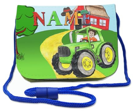 Kinder Brustbeutel mit Name und Schriftartwahl | Klettverschluss mit Schnur zum Umhängen und Klarsichtfach | Geldbeutel personalisiert | 3 Farben (Traktor)